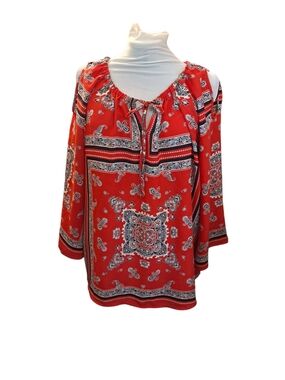 Red Paisley Cold-Shoulder Peasant Blouse with Tie Neck